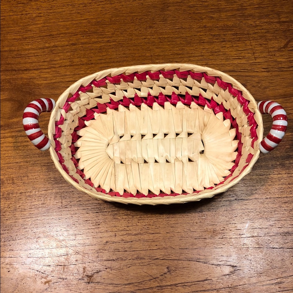 Vintage Natural and Red Woven Oval Basket with Striped ceramic Handles
